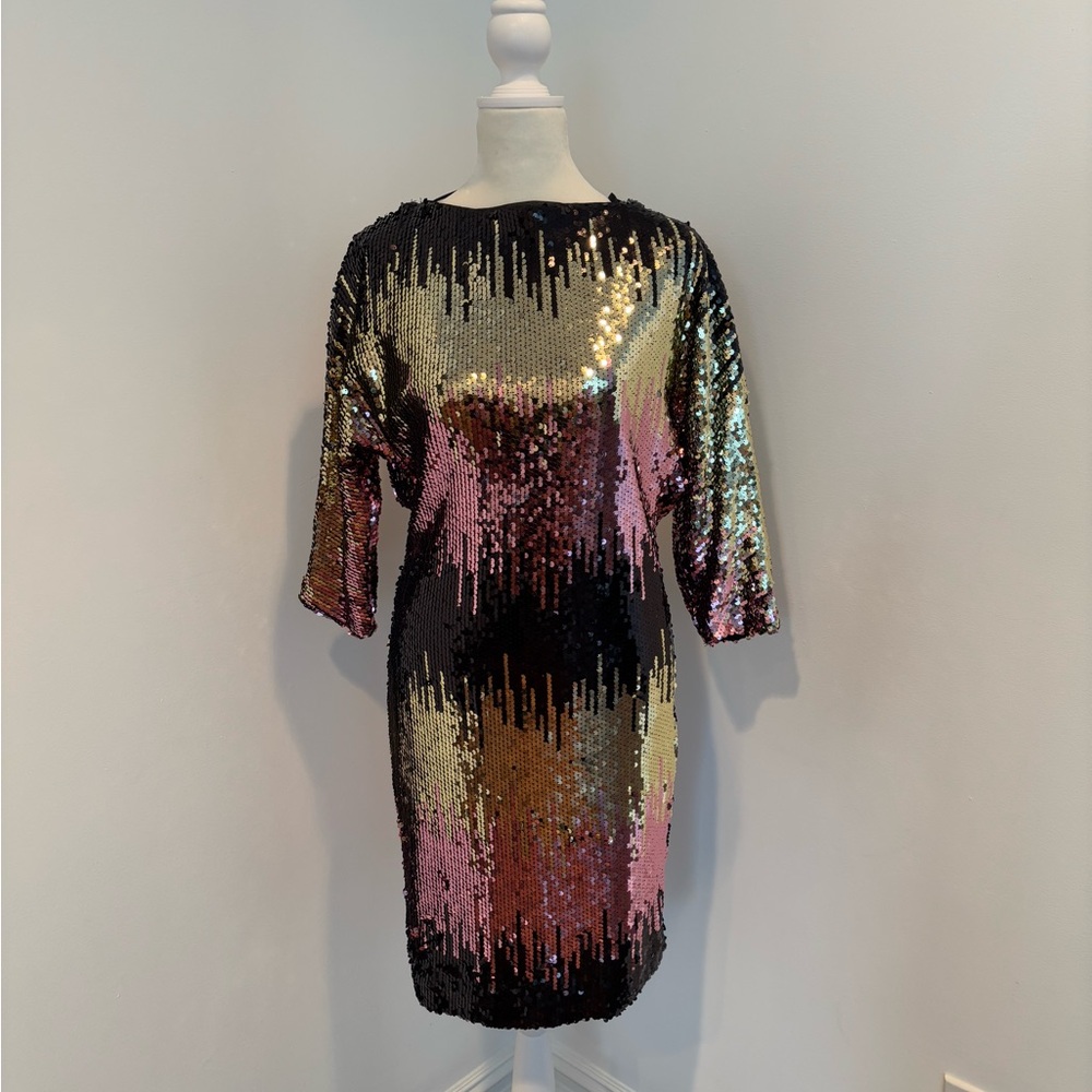 Milly Sequin Mini Dress in Black, Gold, and Pink